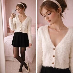 Zara Fluffy Ivory Cardigan Soft Girl Coquette Cropped Button Sweater Fairycore S